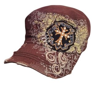 Leader Embroidered Brown Distressed Rhinestone Cross Embellished Women's Cap
